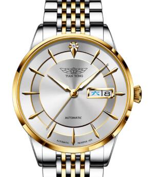 Tiantong天统男男机械手表 全自动防水超薄夜光腕表 T9929G高贵间金白